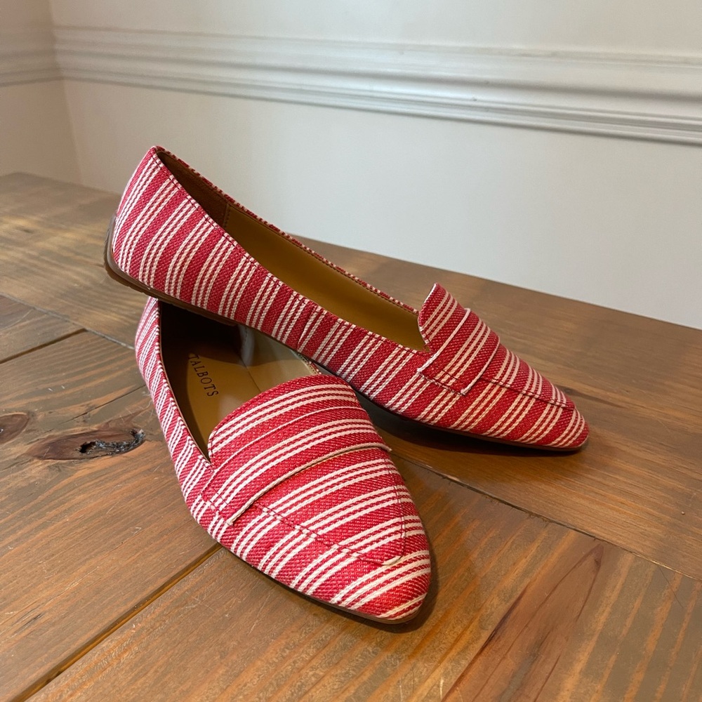 Talbots NWOB Francesca Driving Moccasins Stripe Size 7 Red White Flats Nautical
